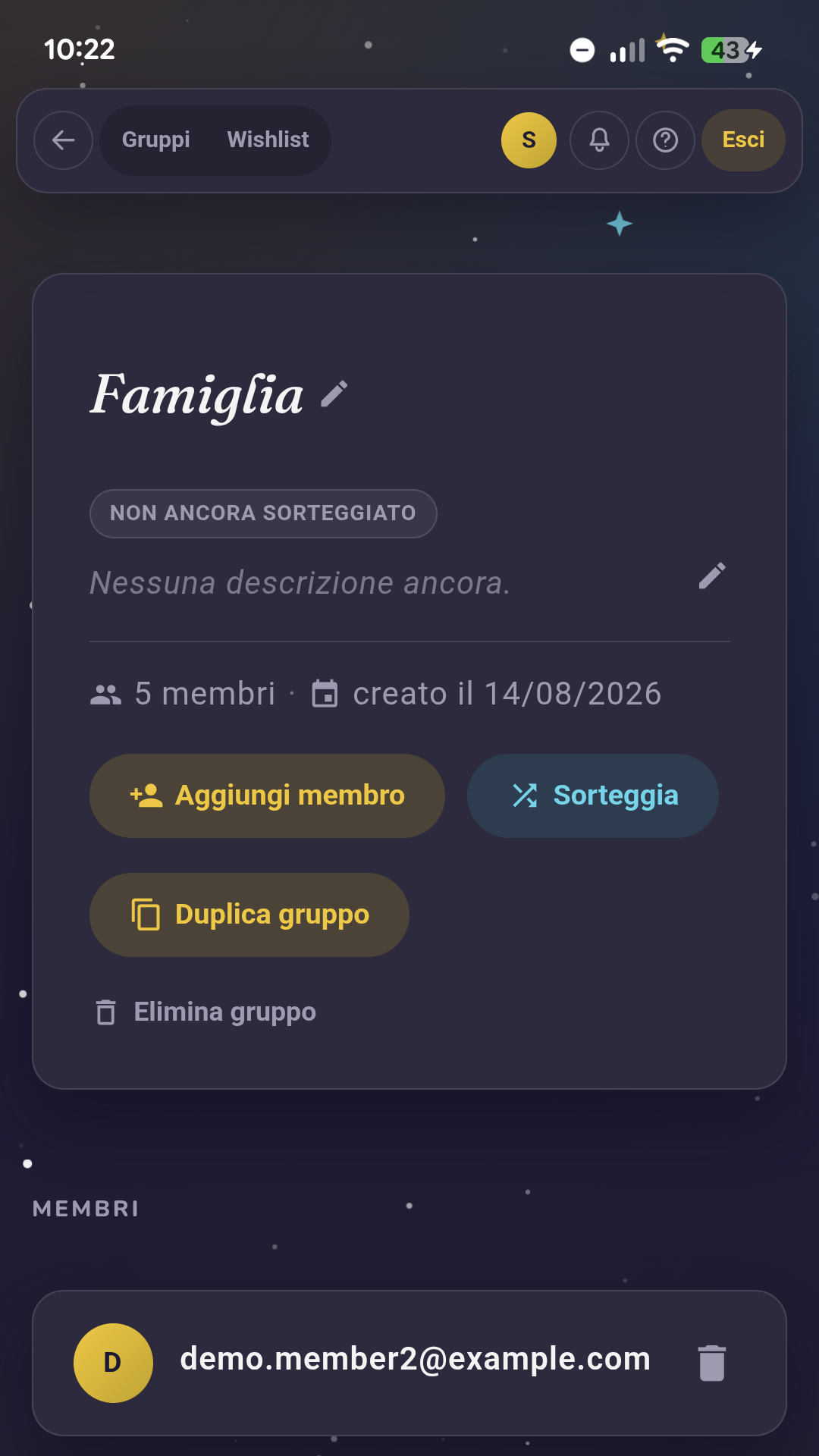 Dettaglio di un gruppo con membri e sorteggio