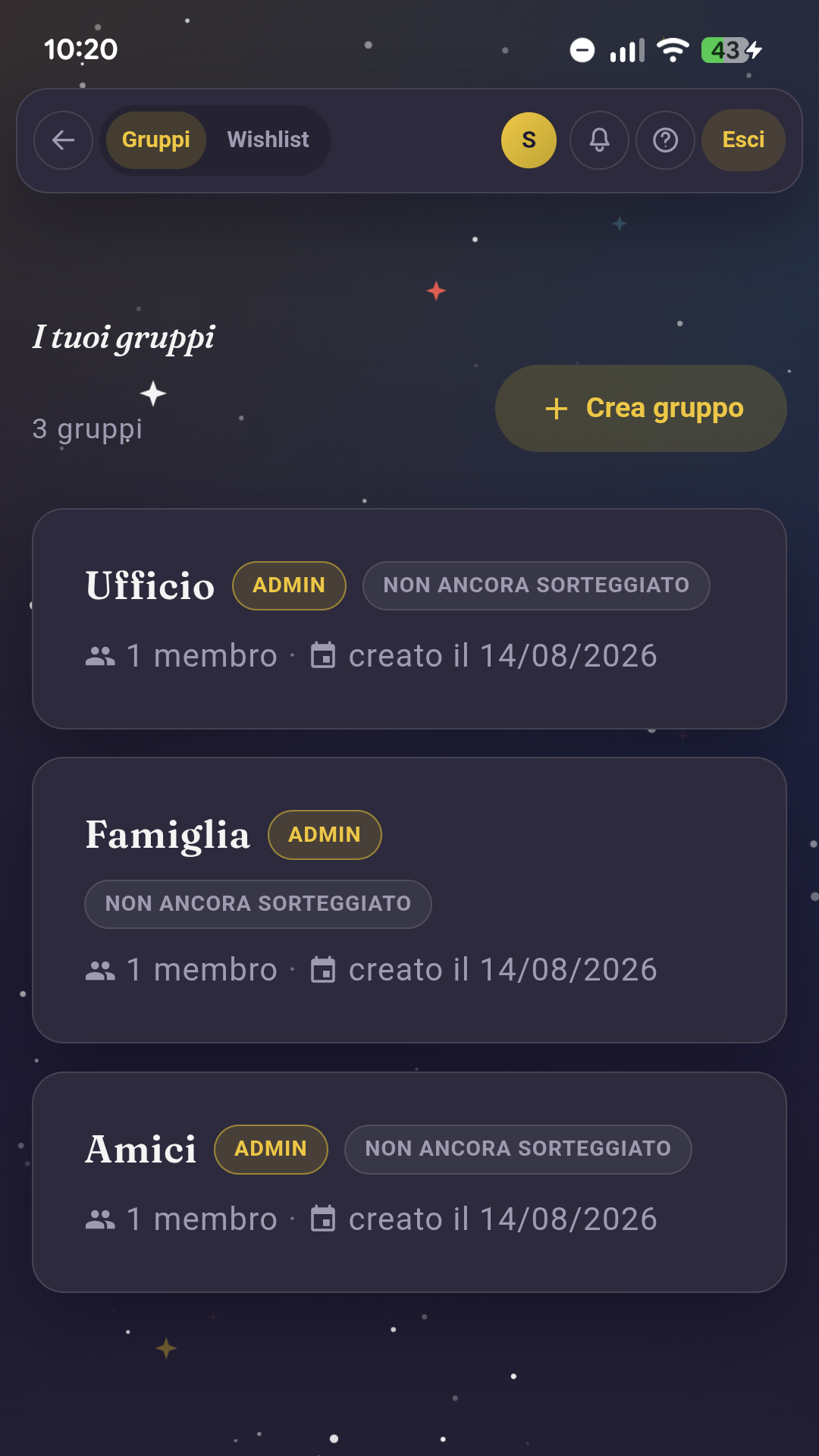 Schermata dei gruppi Secret Santa